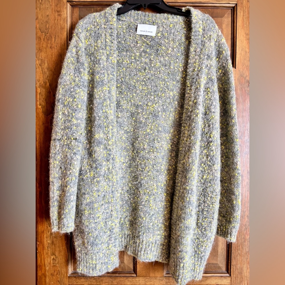 Samsoe Gray and Neon Yellow/Green Open-Front Cardigan Sweater